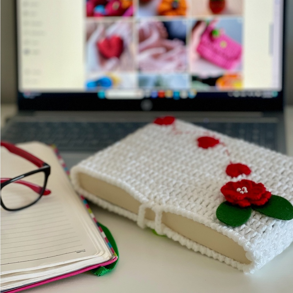 Handmade Crochet Book sleeve / cover with Red and Green Christmas accents - Picture 2 of 7